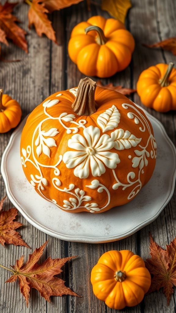 A pumpkin line art dessert with cream cheese designs on a golden base, surrounded by pumpkins and autumn leaves.